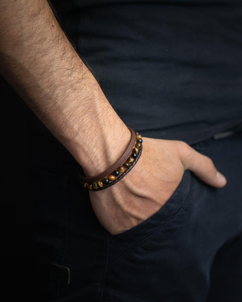 Gemini - Bracelet Triple avec pierre Onyx 6 mm et cuir Nappa