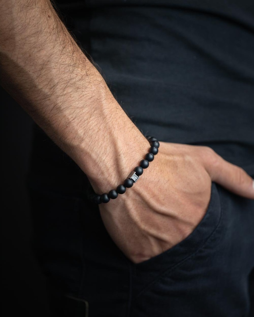 Gemini - Bracelet Triple avec pierre Onyx 6 mm et cuir Nappa