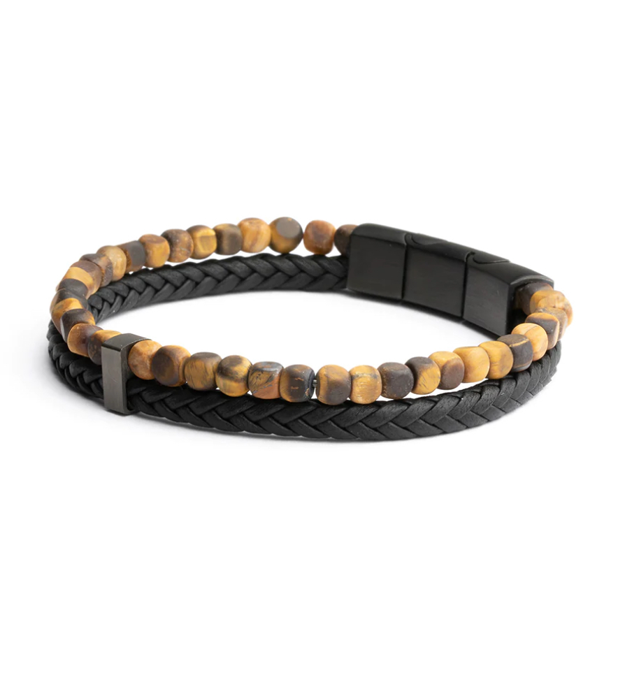Gemini - Bracelet DOUBLE avec pierre Brune CUBIQUE et cuir noir