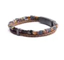 Gemini - Bracelet DOUBLE avec pierre 3 colours CUBIQUE et cuir brun