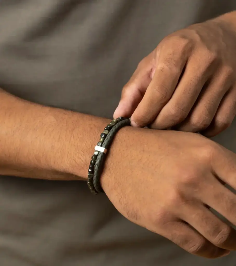 Gemini - Bracelet DOUBLE avec pierre vert CUBIQUE et cuir vert