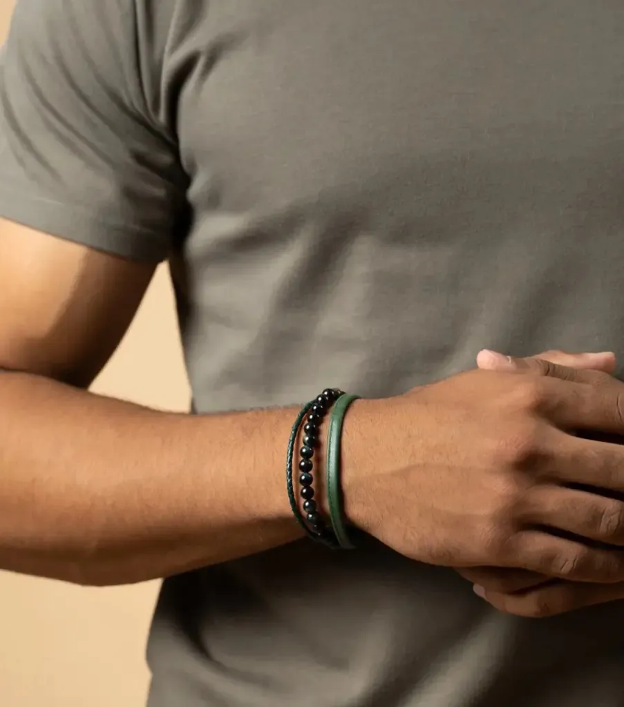 Gemini - Bracelet TRIPLE avec pierre Oeil de tigre 6 mm et cuir Nappa (green)  (M-L)