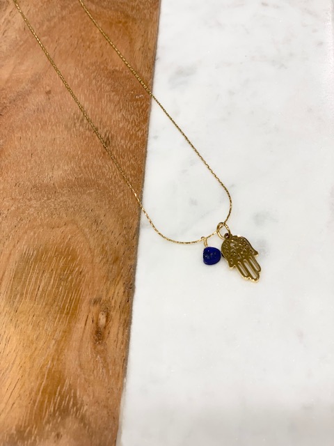 DELFEA - COLLIER Doré Pendentif MAIN DE FATMA Pierre Bleue