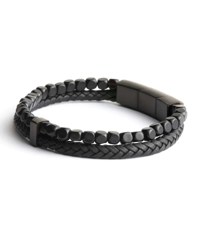 Gemini - Bracelet DOUBLE avec pierre noir CUBIQUE et cuir noir