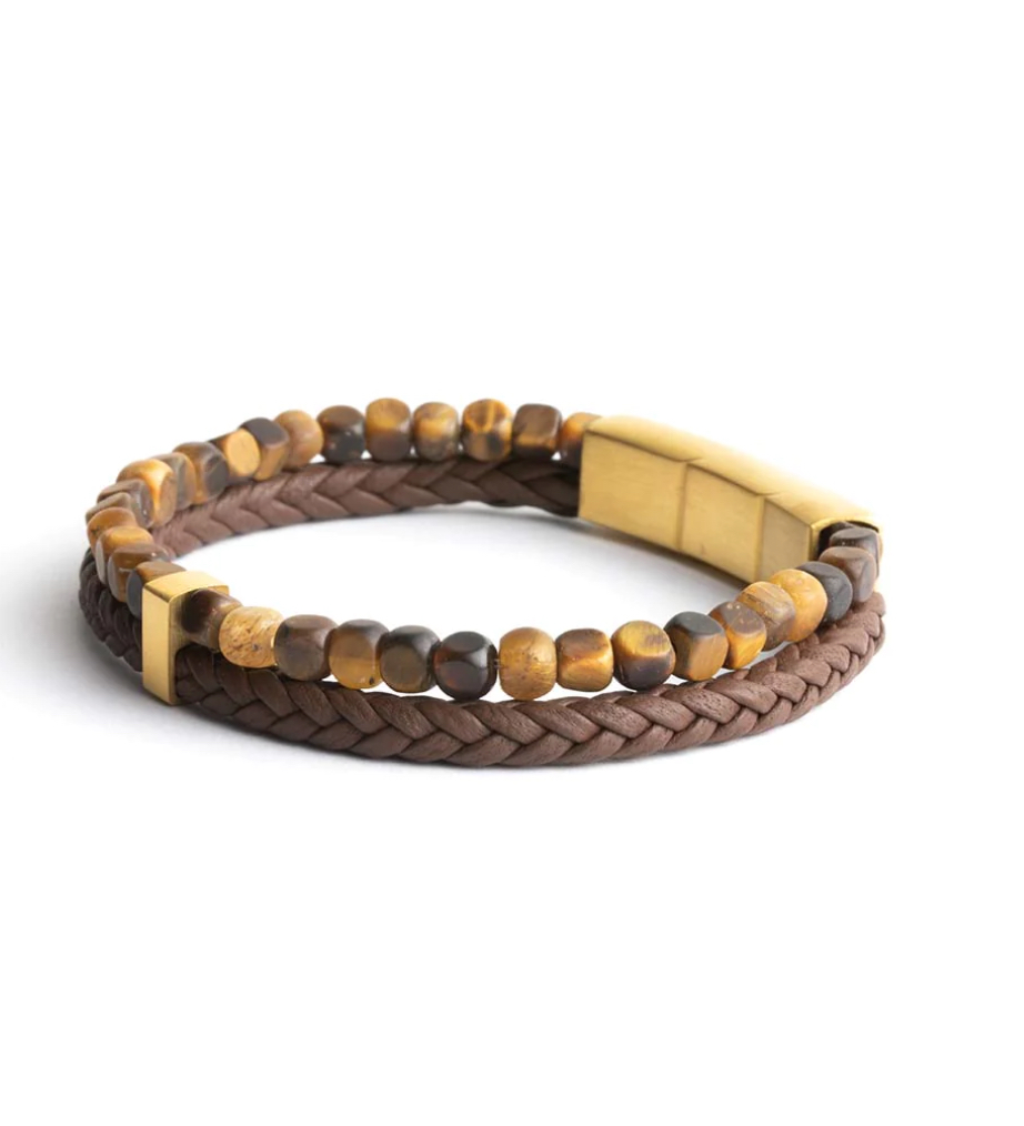 Gemini - Bracelet DOUBLE avec pierre 3 colours CUBIQUE et cuir brun