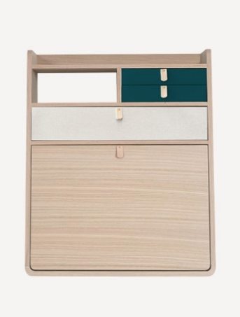 HARTO - Secrétaire mural GASTON 80cm Chêne / Laiton-Bleu pétrole