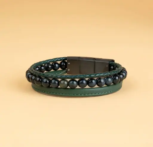 Gemini - Bracelet TRIPLE avec pierre Oeil de tigre 6 mm et cuir Nappa (green) 