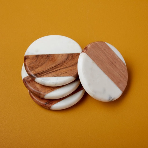 [58-731W] BE HOME - Sous-verres Marbre & bois Ronds par 4